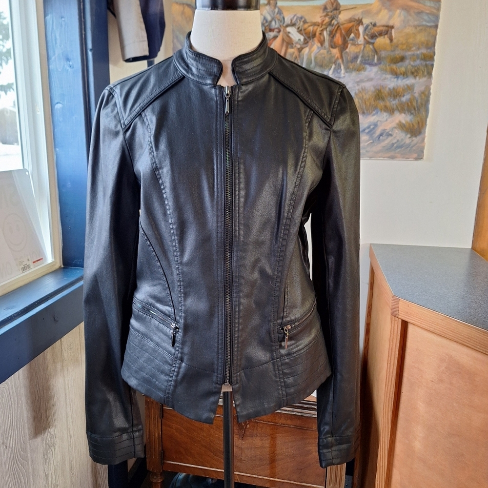 White House Black Market Charcoal Gray Faux Leather Moto Jacket, Size 10
